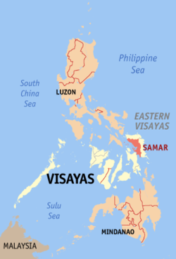 Mapa que muestra la ubiación de la Provincia de Sámar en Filipinas, uno de los lugares de este pais donde puede encontrarse a la cobra 'Naja samarensis'.