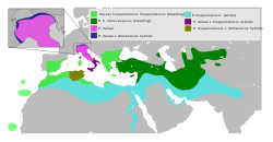      Zona de cría de P. h. hispaniolensis     Zona de cría de P. h. transcaspicus     Área de invernada     Passer italiae Los otros colores representan zonas de hibridación.