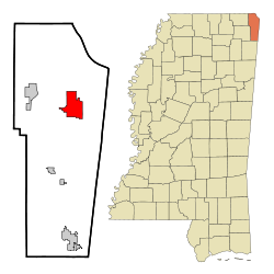 Tishomingo County Mississippi Incorporated and Unincorporated areas Iuka Highlighted.svg