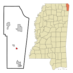 Tishomingo County Mississippi Incorporated and Unincorporated areas Tishomingo Highlighted.svg