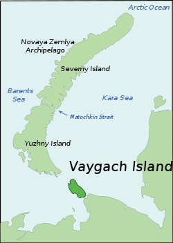 Mapa que muestra la isla Vaygach. El estrecho de Yugorsky está entre la isla y el continente (península de Yugorsky)