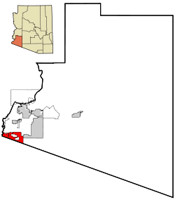 Localización respecto al Condado de Yuma y el estado de Arizona