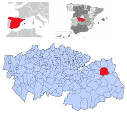 Localización de Villatobas respecto a Castilla-La Mancha, España y Europa.