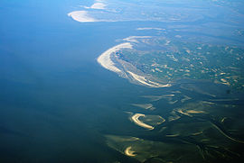 Foto aérea de Trischen, Eiderstedt y las islas barrera meridionales del Norte de Frisia.