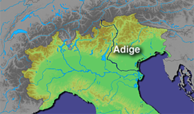 Localización aproximada del valle del Talvera en el río Adigio (el Talvera no está representado)