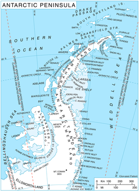Mapa de la península Antártica con la isla Alejandro I.