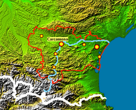 Localización del Orbieu (con un punto rojo) en el Aude (azul celeste). (El río Orbieu  no está destacado.; la línea roja señala el departamento del Aude).