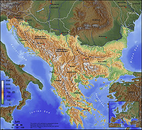 Mapa físico de la península balcánica