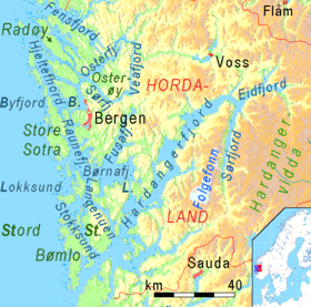 Mapa de la región del fiordo de Hardanger (al sur y este de Bergen)