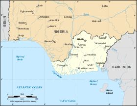 Mapa del desaparecido reino de Biafra, donde se observa el curso del río entre Nigeria y Camerún y su desembocadura cerca de la ciudad de Calabar