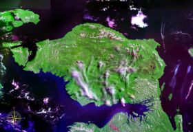 Vista de satélite de la península de Doberai y las islas de Raja Ampat (NASA)