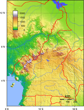 Localización del Sanaga (mapa topográfico de Camerún)