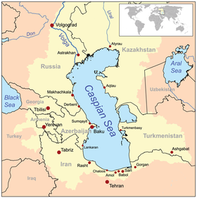 Localización del Terek (margen izquierda) en la cuenca del mar Caspio (el Ardon desagua en el Terek. Ninguno de ambos ríos esta representado)