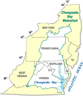 Mapa de la cuenca hidrográfica de la bahía de Chesapeake (en blanco), mostrando los estados a los que drena.