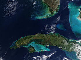 Vista de satélite de la isla de Cuba. El estrecho de Yucatán está a la izquierda (fuente: NASA's Visible Earth)