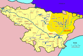 Localización del río Noguera Pallaresa en un mapa de la cuenca del Segre (el Noguera de Cardós no aparece)