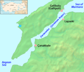 Mapa de la región del estrecho de los Dardanelos.