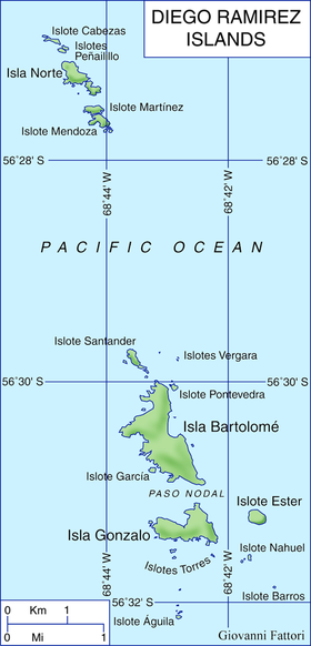 Mapa de las islas Diego Ramírez. Se puede apreciar el islote Águila, el lugar más austral de América.