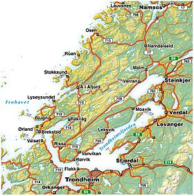 Mapa de la región del fiordo de Trondheim