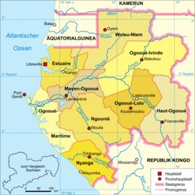 Mapa político de Gabón con el río Nyanga