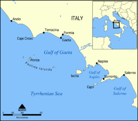 Mapa del golfo de Gaeta, con las Pontinas e Ischia.