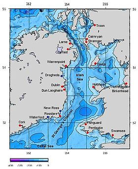 Mapa batimétrico del mar de Irlanda.