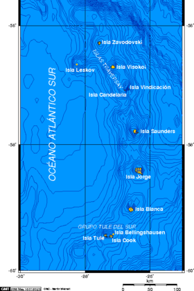 Mapa de las islas Sándwich del Sur Nota: Según la reivindicación Argentina pertenecen a la provincia de  Tierra del Fuego, Antártida e Islas del Atlántico Sur, Departamento Islas del Atlántico Sur.