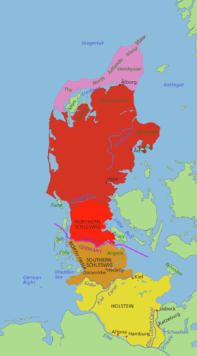 Mapa político de Jutlandia, mostrando las tres regiones danesas y el estado alemán