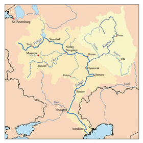 Boca del Kosva en el río Kama (el río no está grafiado). El río se une al Kama, por el este, aguas arriba de la ciudad de Perm.