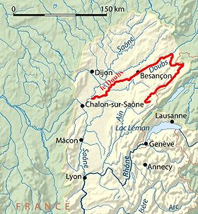 Localización de la boca del río Dessoubre en el río Doubs (el río no está representado)