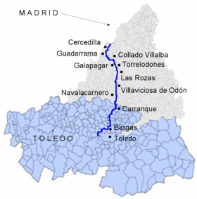 Recorrido del río Guadarrama por las provincias de Madrid y Toledo (fondo: mapa municipal)