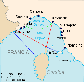 Delimitaciones del mar de Liguria: en rojo, la de la IHO; en azul, siguiendo la geografía italiana.