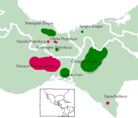 En verde, las lenguas zoqueanas de la familia mixe-zoqueana.