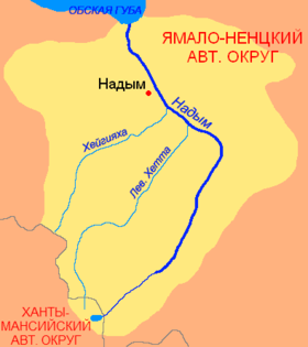 Cuenca del río Nadym (rótulos en ruso)