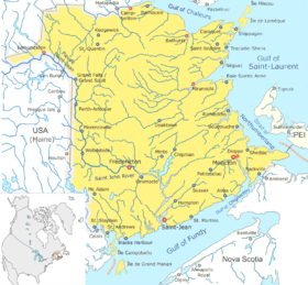 Localización del río Saint John en un mapa general de la provincia canadiense de Nuevo Brunswick, que muestra  las principales ciudades localizadas en sus riberas