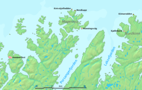 Mapa de la zona, con la isla Magerøya y los cabos Knivskjellodden y Norte