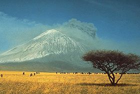 Vista de la sabana de Tanzania (al fondo el volcán Ol Doinyo Lengai en erupción)