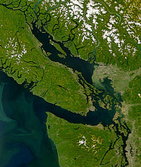 Localización del estrecho de Georgia en una vista de satélite de la zona