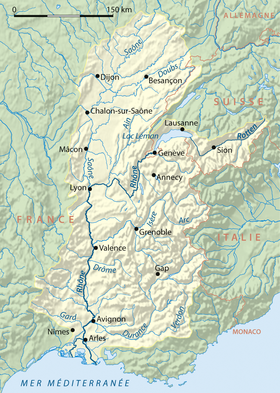 Localización de la boca del río Dheune en el Saona en la cuenca del Ródano (el río no está representado)