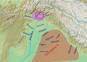 Mapa que muestra los nombres de los ríos tal como aparecen en el Rig vedá, y la zona de las culturas Swat y Cementerio H