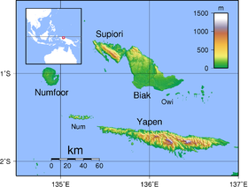Mapa de las islas Schouten en la bahía Cenderawasih