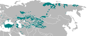 Distribución geográfica de las lenguas túrquicas a través de Eurasia.