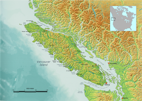 Mapa de la isla de Vancouver, mostrando al norte el estrecho de Johnstone, que separa la isla de Vancouver (Columbia Británica) y el continente