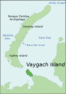 Mapa que muestra la isla Vaygach. El estrecho de Kara está entre la isla y la isla Yuzhny (de nueva Zembla)