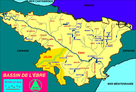 Localización aproximada de la boca del río Aranda en el Jalón (mapa de la cuenca del Ebro)
