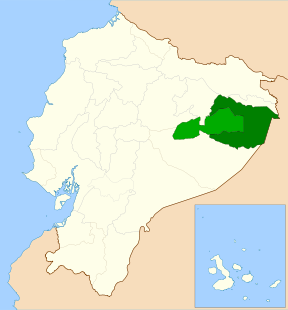 Localización del Parque Nacional Yasuní (verde oscuro) y el territorio Huaorani (verde claro).