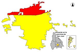 Área urbana del Gran San Juan (amarillo) y Componente Chimbas (rojo).