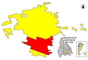 Área urbana del Gran San Juan (amarillo) y Componente Rawson (rojo).