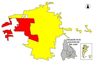 Área urbana del Gran San Juan (amarillo) y  Componente Rivadavia (rojo).