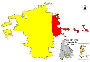 Área urbana del Gran San Juan (amarillo) y Componente Santa Lucía (rojo).